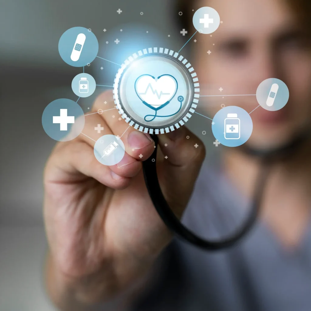 A doctor interacts with advanced medical interface symbols, touching a floating heart icon surrounded by health-related graphics, suggesting innovative healthcare technology.