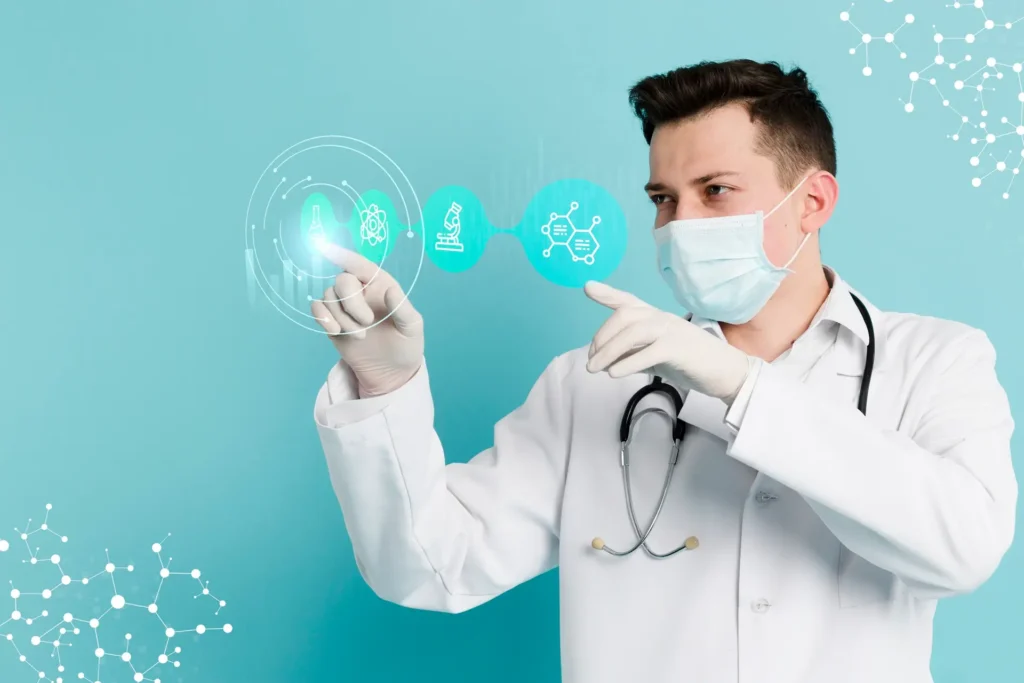 A male doctor wearing a lab coat, medical mask, and stethoscope interacts with futuristic VitalSync health icons against a teal background.