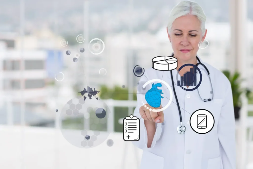A mature female doctor interacting with futuristic healthcare interface icons, including a stethoscope, heart, and charts, superimposed on a clinical background.