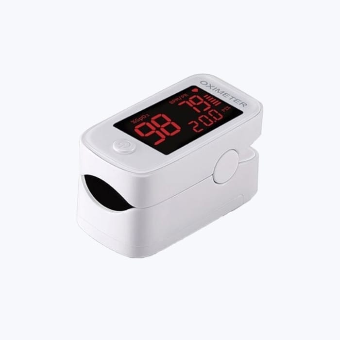 A digital fingertip pulse oximeter displaying oxygen saturation and pulse rate on its LED screen, set against a white background. This device is essential for advanced primary care in clinical settings.