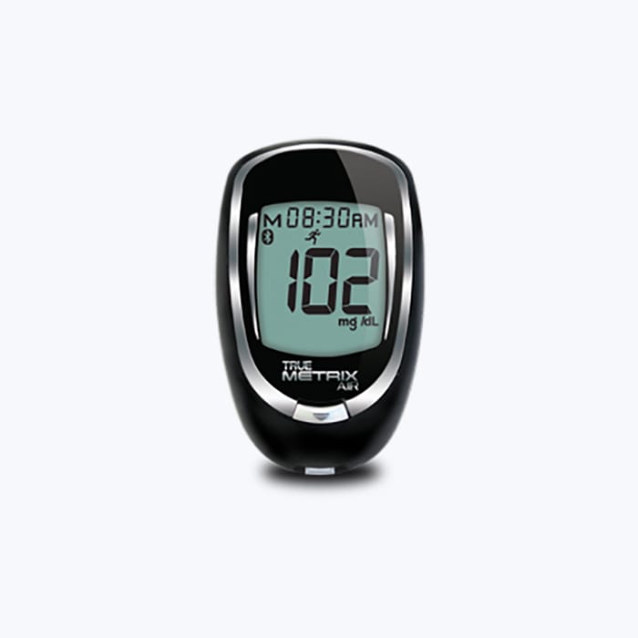 A digital glucose meter displaying a reading of 102 mg/dL with time and date shown at the top, isolated on a white background for advanced healthcare monitoring.