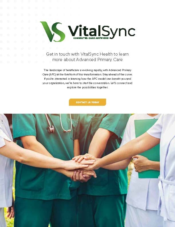 Healthcare professionals in green scrubs gather with hands joined in unity above a flyer advertising VitalSync Advanced Health Care, promoting an interconnected healthcare system.