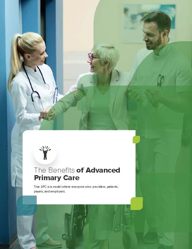 Three healthcare professionals, one using a wheelchair, smiling and interacting joyfully in a hospital corridor. There is informational text about clinical advanced primary care printed in the foreground.