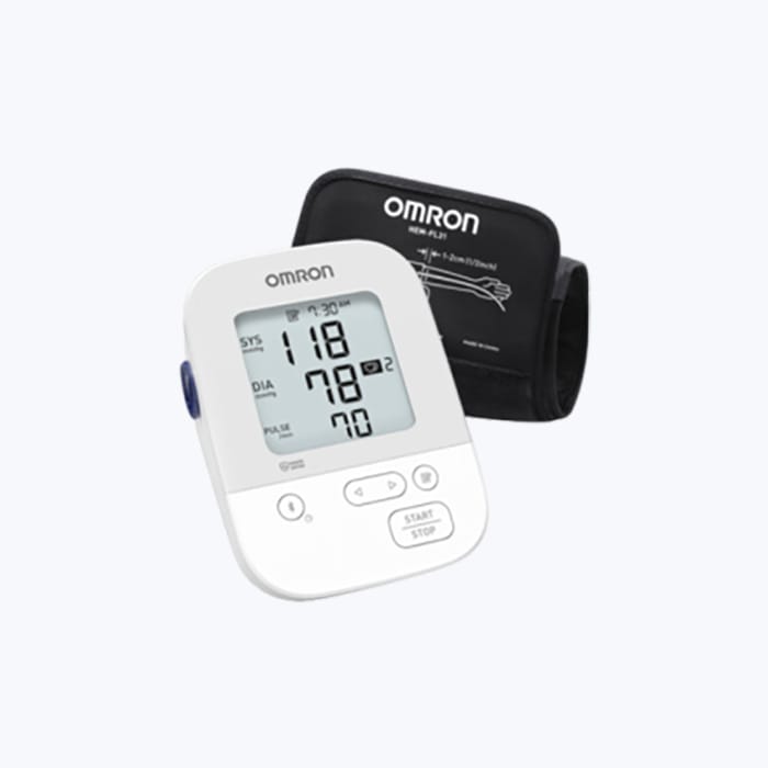 An Omron digital blood pressure monitor with a display showing systolic, diastolic, and pulse readings, alongside a deflated cuff on a white background, designed for advanced primary care.