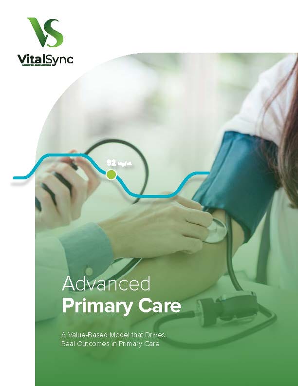 Cover of "Advanced Primary Care" brochure showing a healthcare provider using a digital device on a patient's arm, with a Clinical chart overlay showing health data.