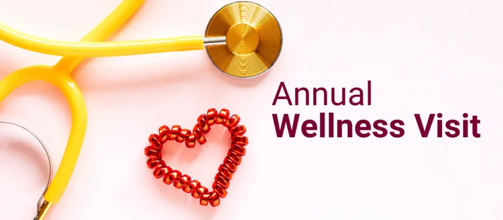 A stethoscope and a heart-shaped arrangement of red pills on a pink background, with the text "Annual Advanced Primary Care Visit" displayed prominently.