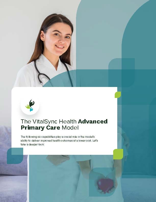 A smiling female doctor in a white coat stands beside promotional text for the VitalSync Health Advanced Clinical Primary Care Model. She holds a digital tablet, standing in a modern healthcare setting.