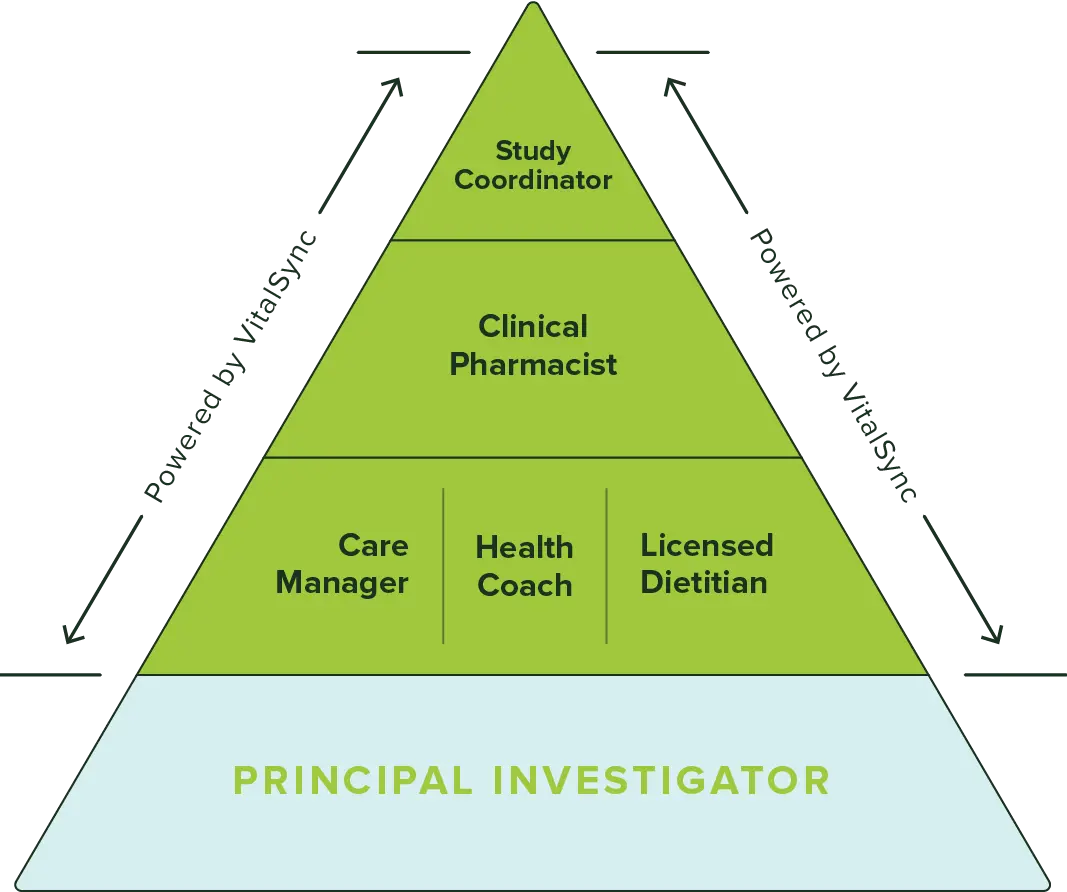 Clinical Research Team Hierarchy: Principal Investigator, Study Coordinator, Clinical Pharmacist, Care Manager, Health Coach, and Licensed Dietitian.