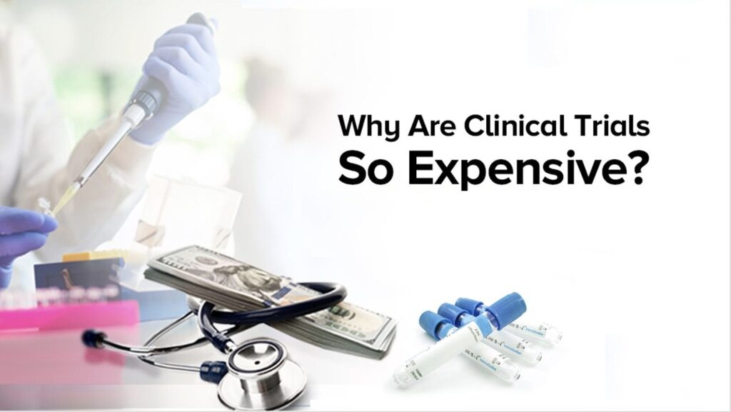 A laboratory scene featuring a scientist holding a pipette, with a visual overlay of text saying "Why Are Clinical Trials So Expensive?" surrounded by scattered money, a stethoscope, and vials.